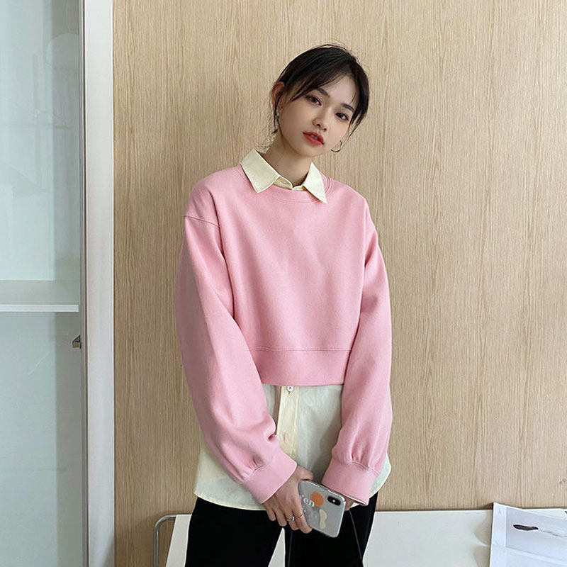 蜜桃粉色卫衣女生小个子150高级感短款韩系温柔奶系上衣圆领外套