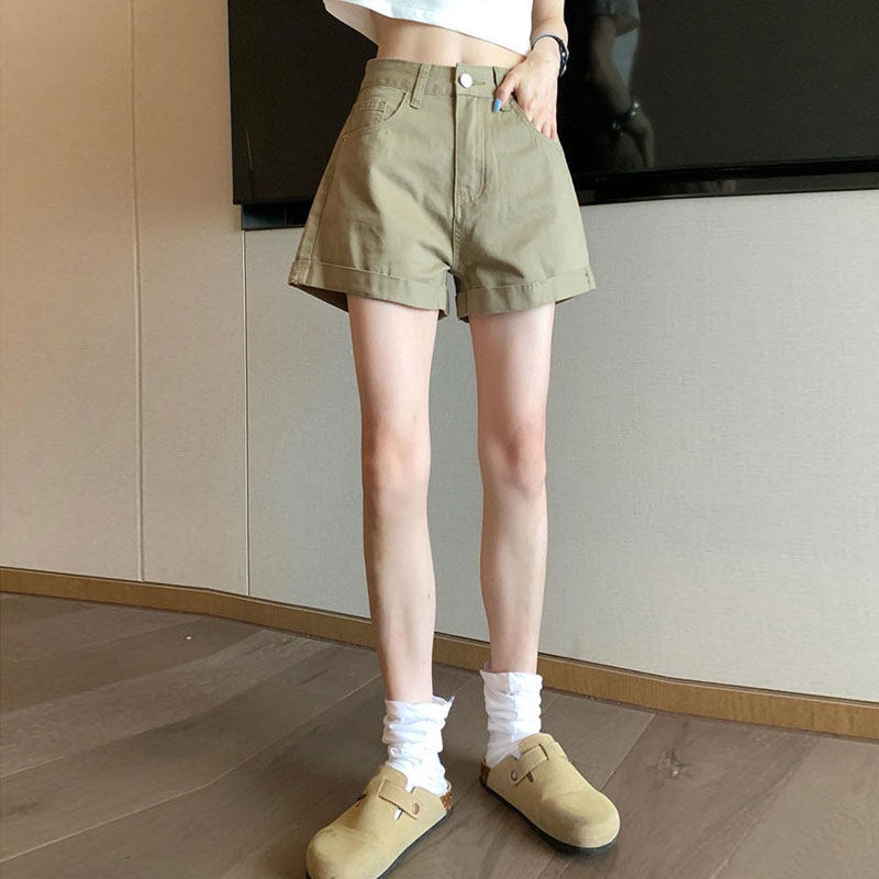 甜辣a字卡其色牛仔短裤女夏高腰显瘦薄款工装休闲裤热裤小众宽松