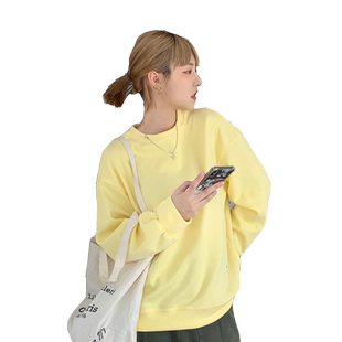 秋季奶黄色卫衣外套女圆领薄款长袖无帽徽章宽松糖果色ins潮纯棉