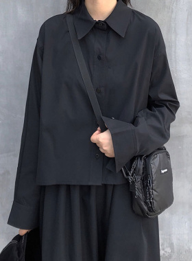 百思朵暗黑系山本风衬衫女长袖日系复古学生宽松单排扣黑色衬衣潮