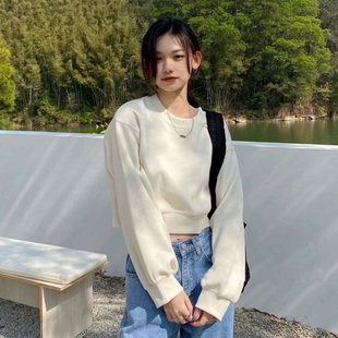 百思朵奶杏色卫衣女高腰设计感小众短款小个子奶油色上衣小外套秋