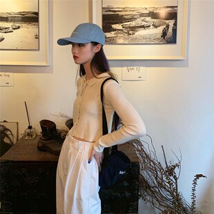 秋季奶杏色针织衫彩色纽扣修身高腰泫雅上衣短款露脐薄款开衫外套
