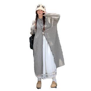 春秋日系文艺复古黑白格子连衣裙女生长裙子套装长袖衬衫裙小格子