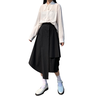 百思朵时尚套装山本风日系尖领白色衬衫上衣搭配黑色半身裙长裙子
