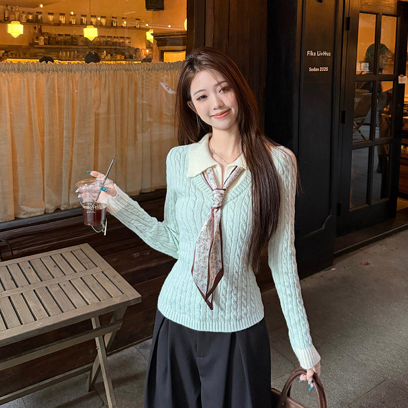 薄荷绿色假两件毛衣女套头针织衫