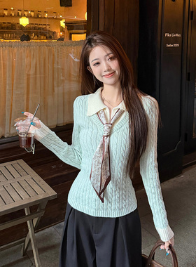 冬季薄荷绿色假两件毛衣女套头针织衫麻花修身收腰贵气千金风上衣
