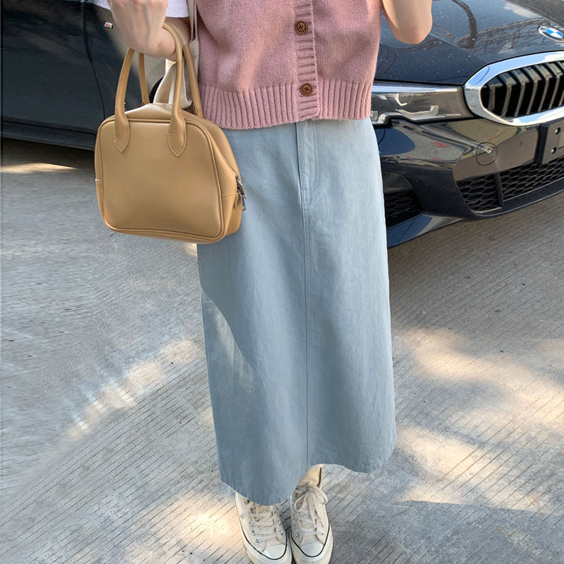 春秋奶蓝色半身裙女工装风a字高腰雾霾蓝纯棉后开叉包臀裙长裙子