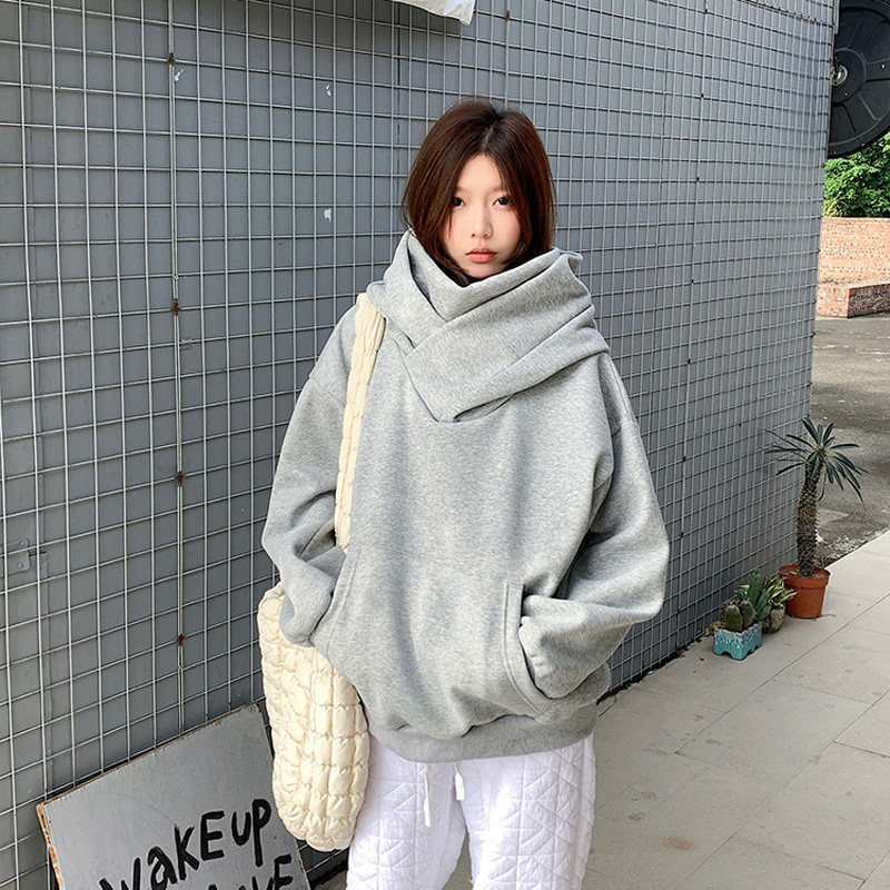 2026秋冬季加绒加厚保暖灰色卫衣外套女慵懒风高领连帽休闲高级感