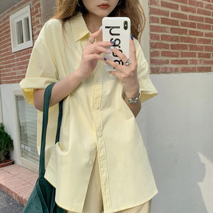 2026夏季短袖奶黄色衬衫外套女正肩慵懒风显白防晒浅黄色衬衣宽松