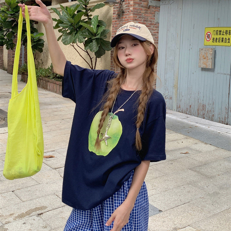 藏青色短袖t恤女纯棉松弛感上衣图片