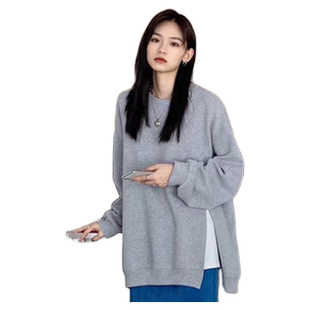百思朵日系古着waitmore浅灰色卫衣女宽松韩版中长款开叉春秋外套