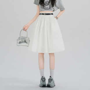 2026夏季日系甜美小白裙半身裙中长裙高腰高级感小个子伞裙仙女裙