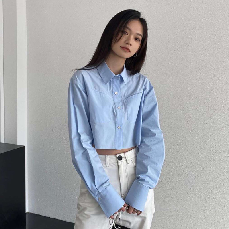 百思朵奶油蓝显瘦小个子短款衬衫