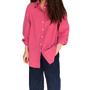 百思朵多巴胺树莓色衬衫女玫粉色上衣衬衣宽松长袖梅子色纯棉外套