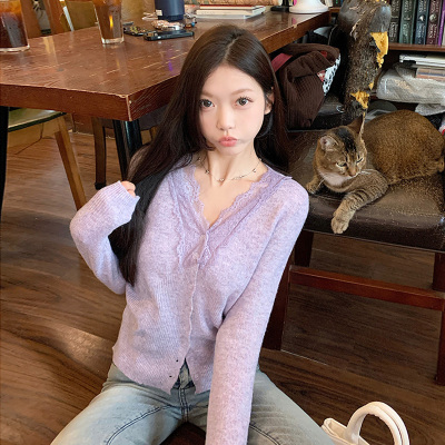 紫色针织衫开衫外穿蕾丝毛衣外套