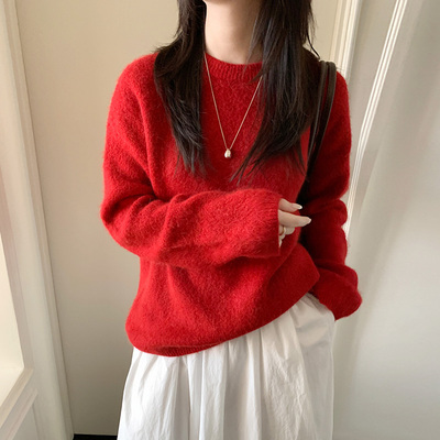 加厚保暖软糯兔绒新年大红色毛衣
