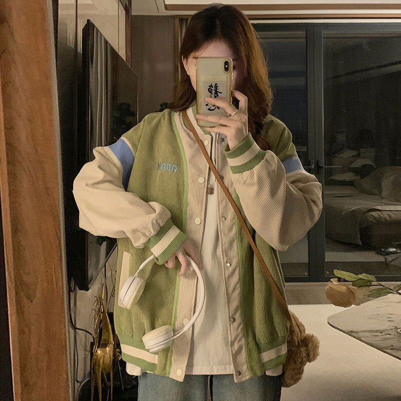 港风中长款绿色棒球服条纹显瘦