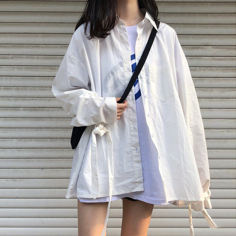百思朵防晒白衬衫女白色设计感小众长袖中长款宽松绑带衬衣棉外套