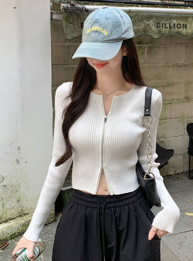 2026春秋甜辣短款白色拉链开衫针织衫短外套修身叠穿正肩长袖小衫
