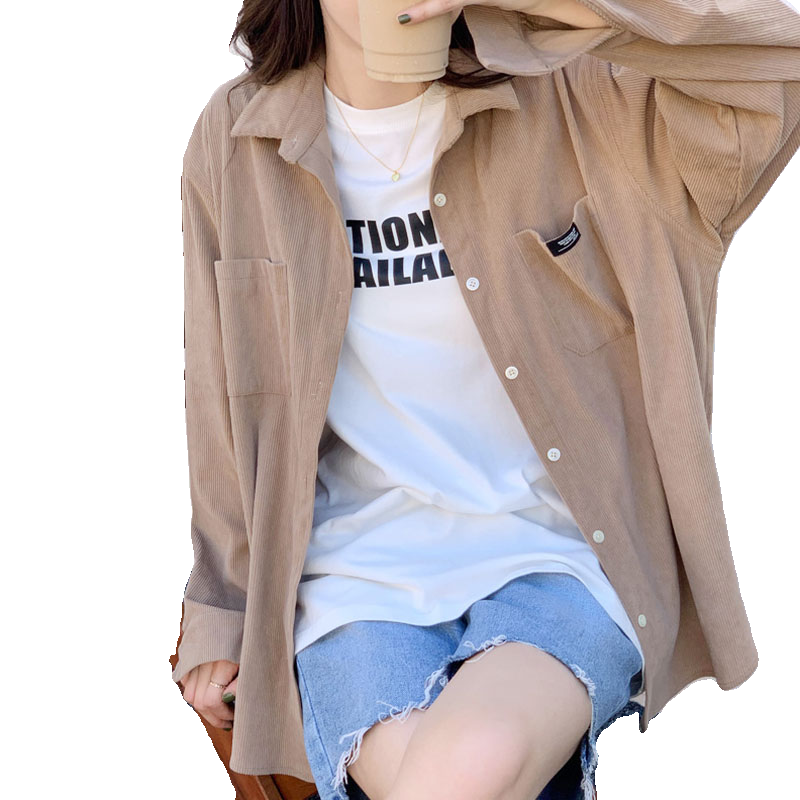 百思朵復古卡其色襯衫外套女慵懶風寬松長袖燈芯絨咖色小眾高級感