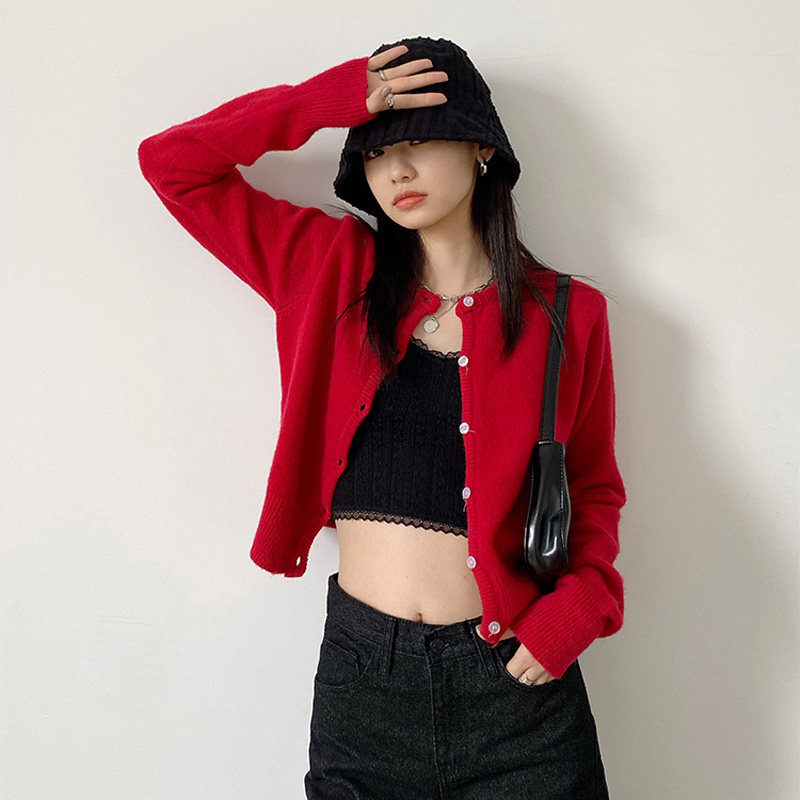 百思朵2020秋季圣诞红毛衣开衫外套韩版百搭短款短款樱桃红毛衣潮