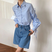百思朵绑带设计感天蓝色奶油蓝衬衫 女复古气质宽松灯笼袖 衬衣潮女
