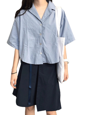 法式少女奶油蓝前短后长衬衣
