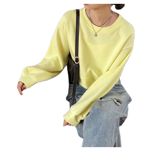 百思朵淡黄色短款卫衣鹅黄色女宽松韩版设计感露脐高腰慵懒风上衣