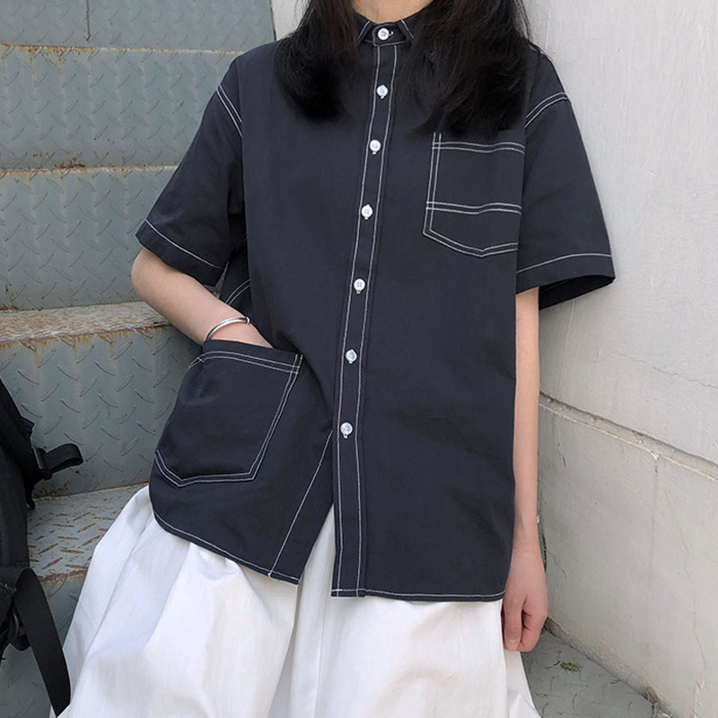 3百思朵夏季工装衬衫女短袖上衣明显深宝蓝色学生ins港味牛仔衬衣