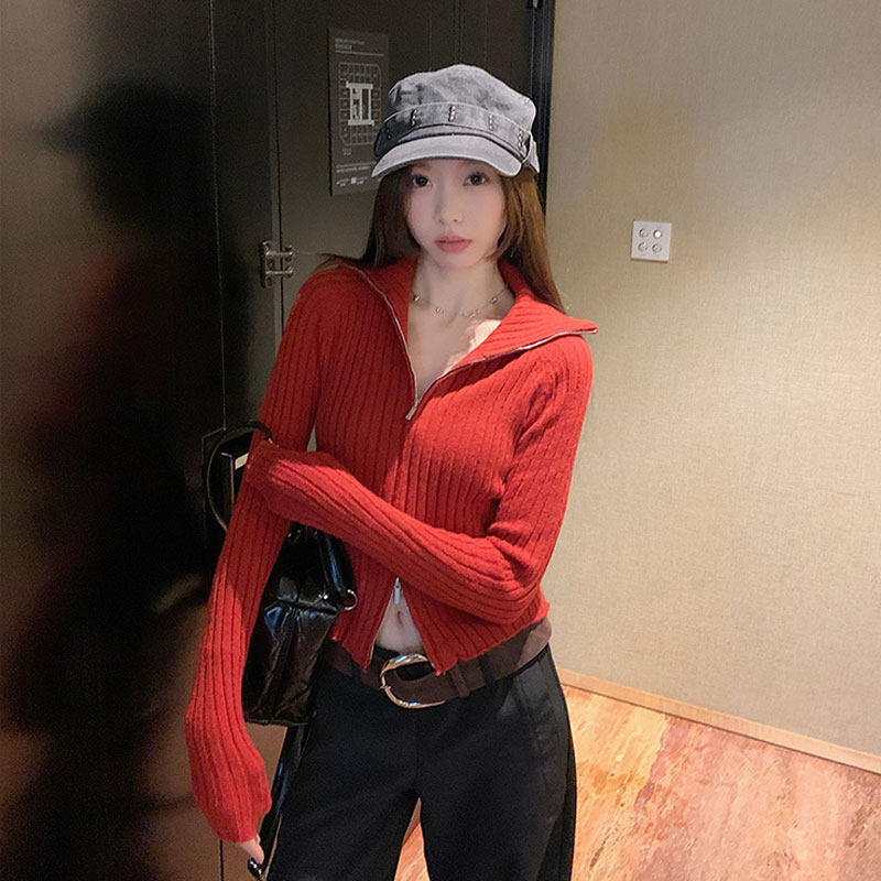 冬季新年红色毛衣外套立领开衫针织衫内搭显瘦修身双头拉链高级感,女装/女士精品,毛衣,淘宝优惠券,粉丝福利购,淘宝优惠卷