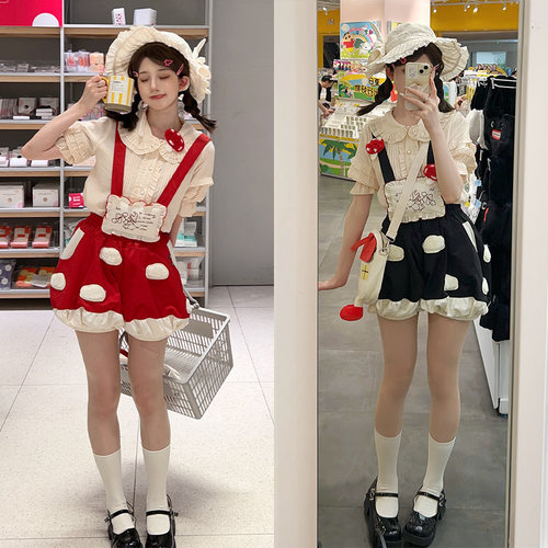 现货蘑菇花苞背带短裤可爱红色洛丽塔夏秋季基佬装包子猪Lolita