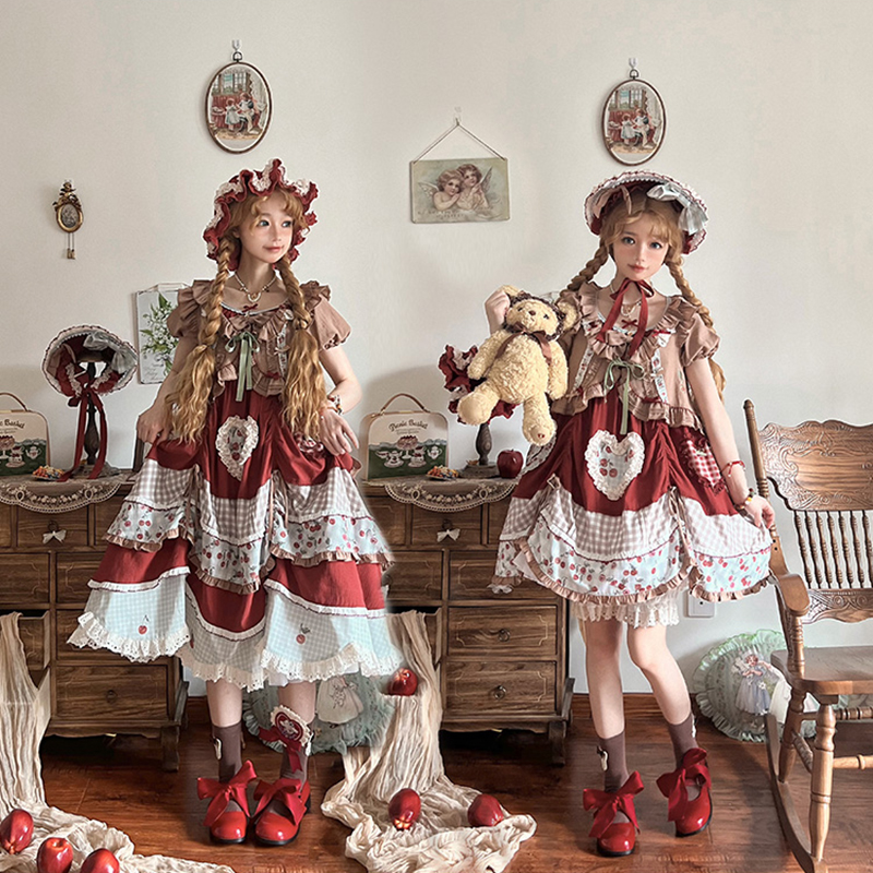 现货城南樱桃铺OP田园风可爱红色连衣裙樱桃印花刺绣包子猪lolita