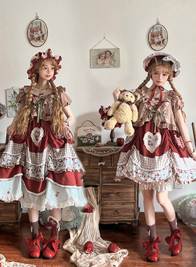 现货城南樱桃铺OP田园风可爱红色连衣裙樱桃印花刺绣包子猪lolita