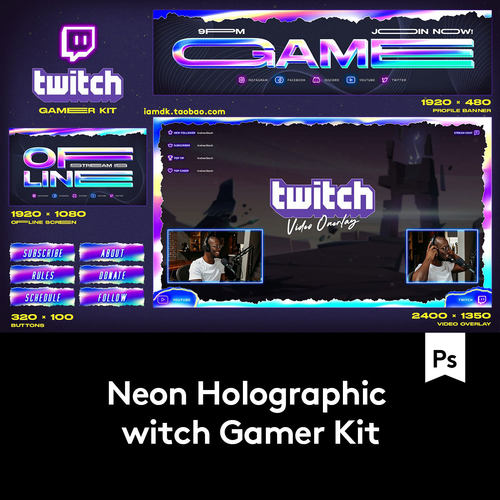15套霓虹全息Twitch游戏直播聊天屏幕界面文本设计排版PSD源文件