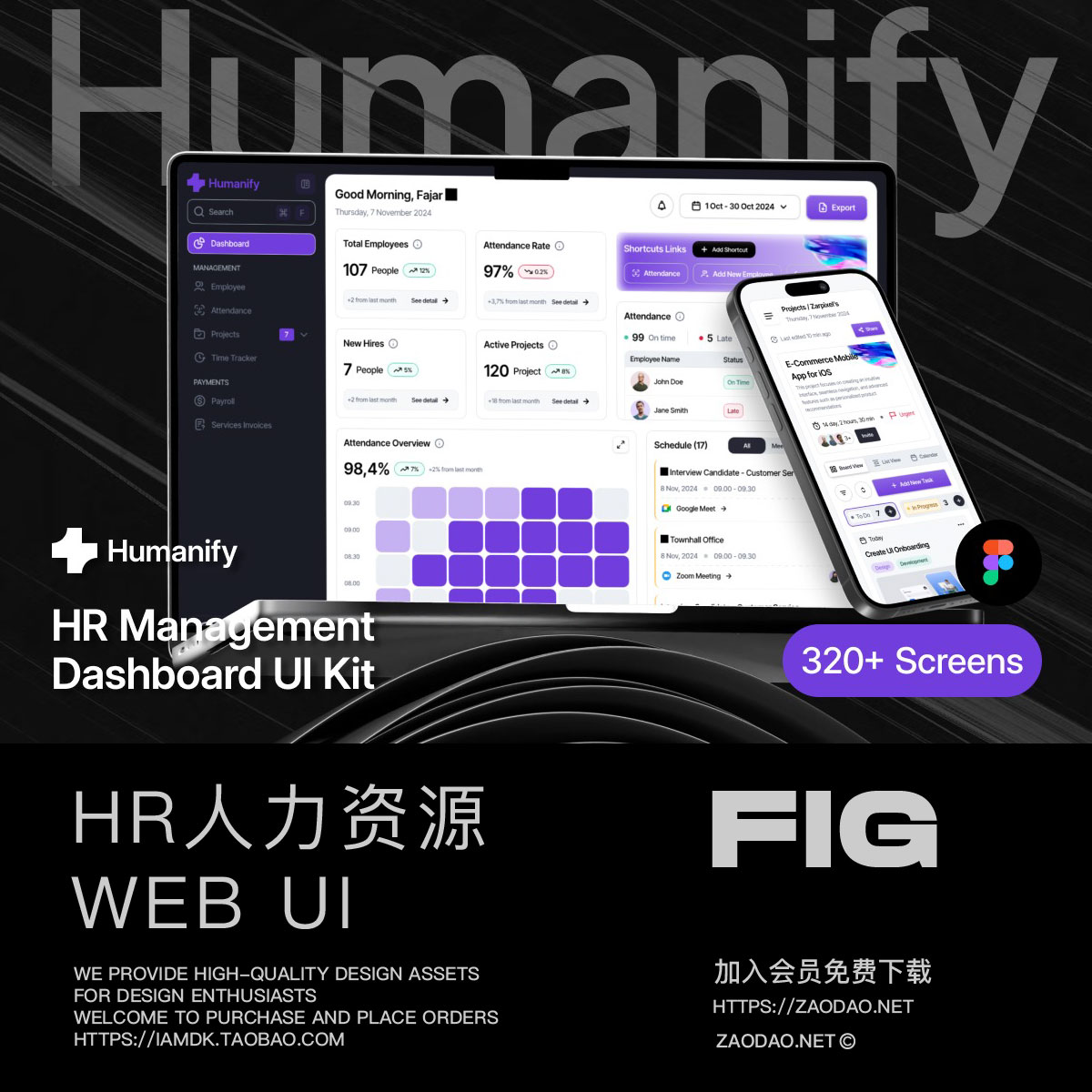 320+屏HR人力资源人事考勤管理仪表盘界面WEB UI设计Figma模板
