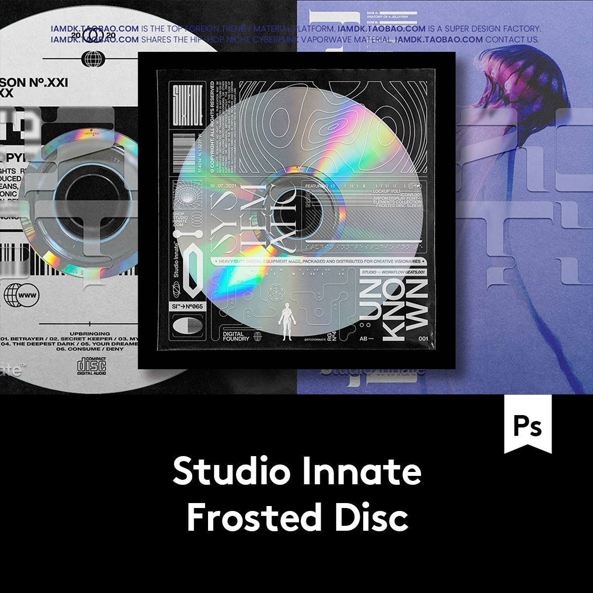 复古机能赛博朋克专辑cd封面包装塑料袋设计展示贴图psd样机模板