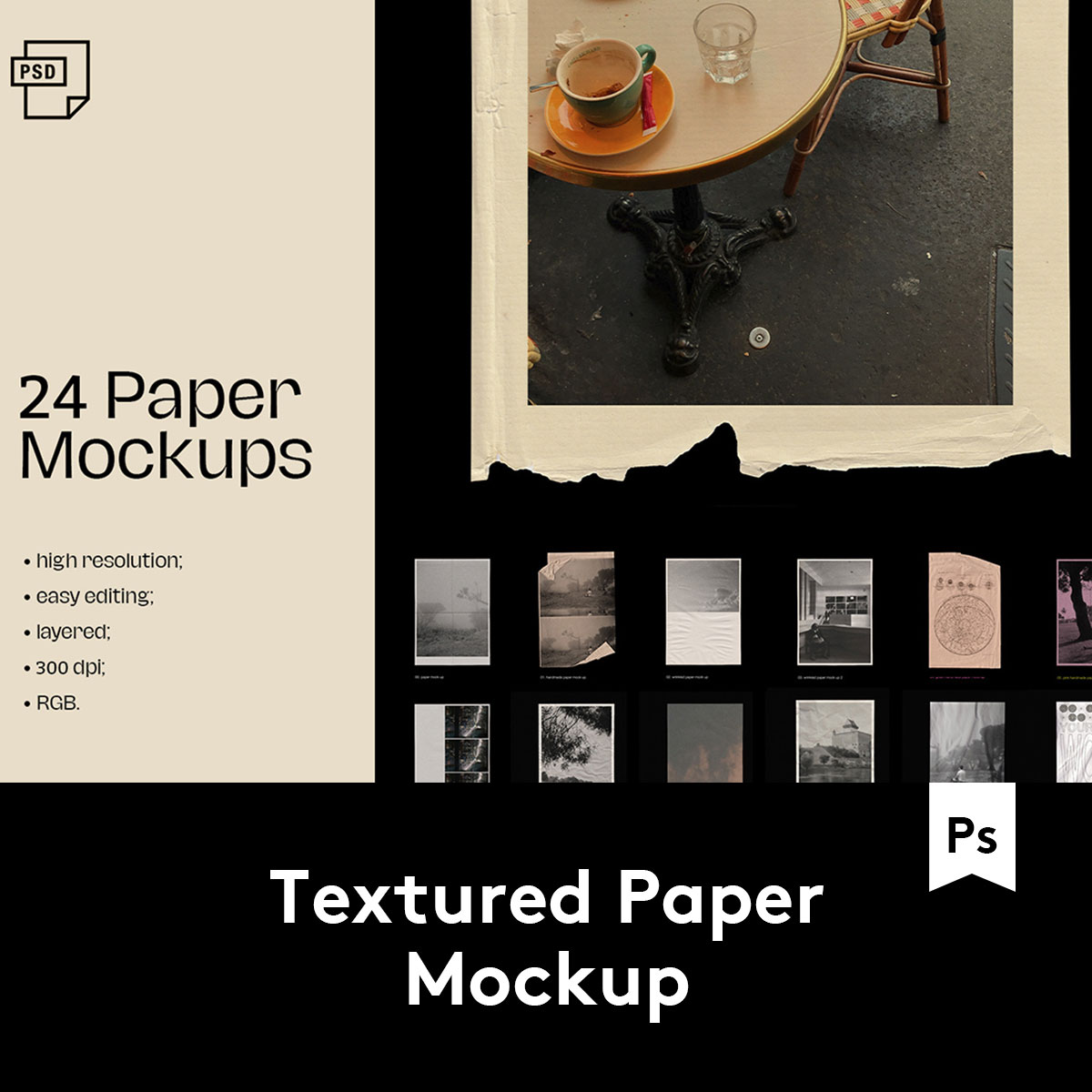 Textured Paper Mockup复古做旧褶皱撕裂纸张PS叠加层样机模板集