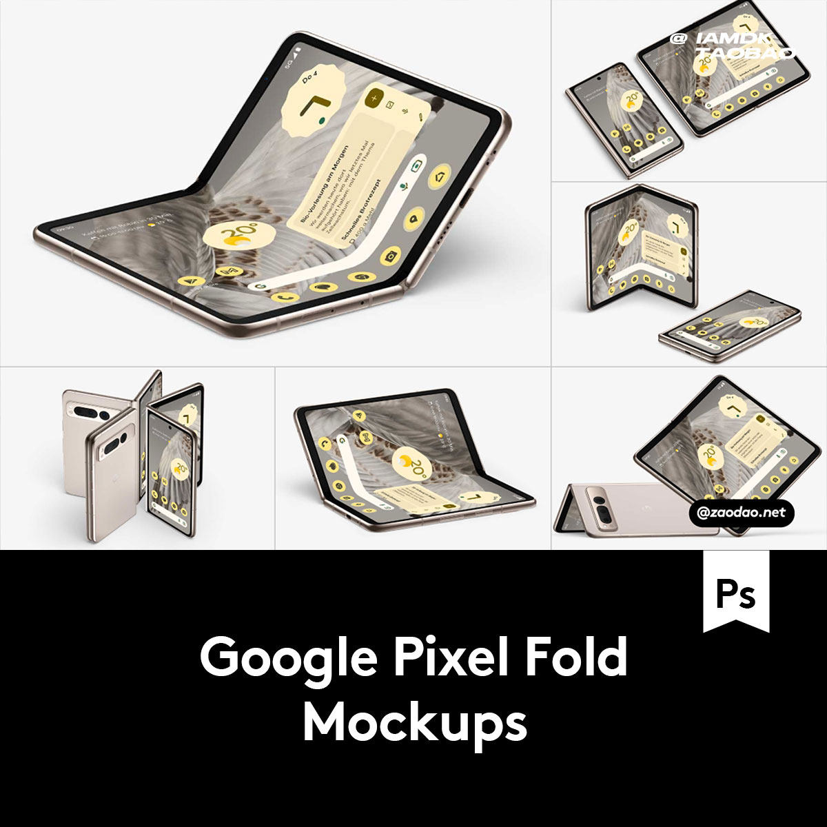 20款逼真谷歌Pixel Fold折叠智能手机屏幕演示效果图PS贴图样机