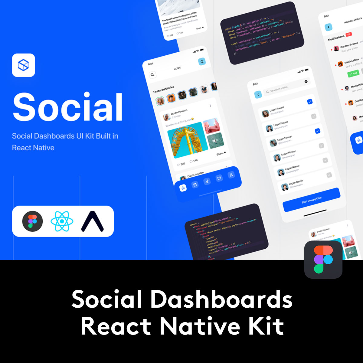 Social Dashboards Native Kit 交友APP应用UI界面设计源码模板 商务/设计服务 设计素材/源文件 原图主图