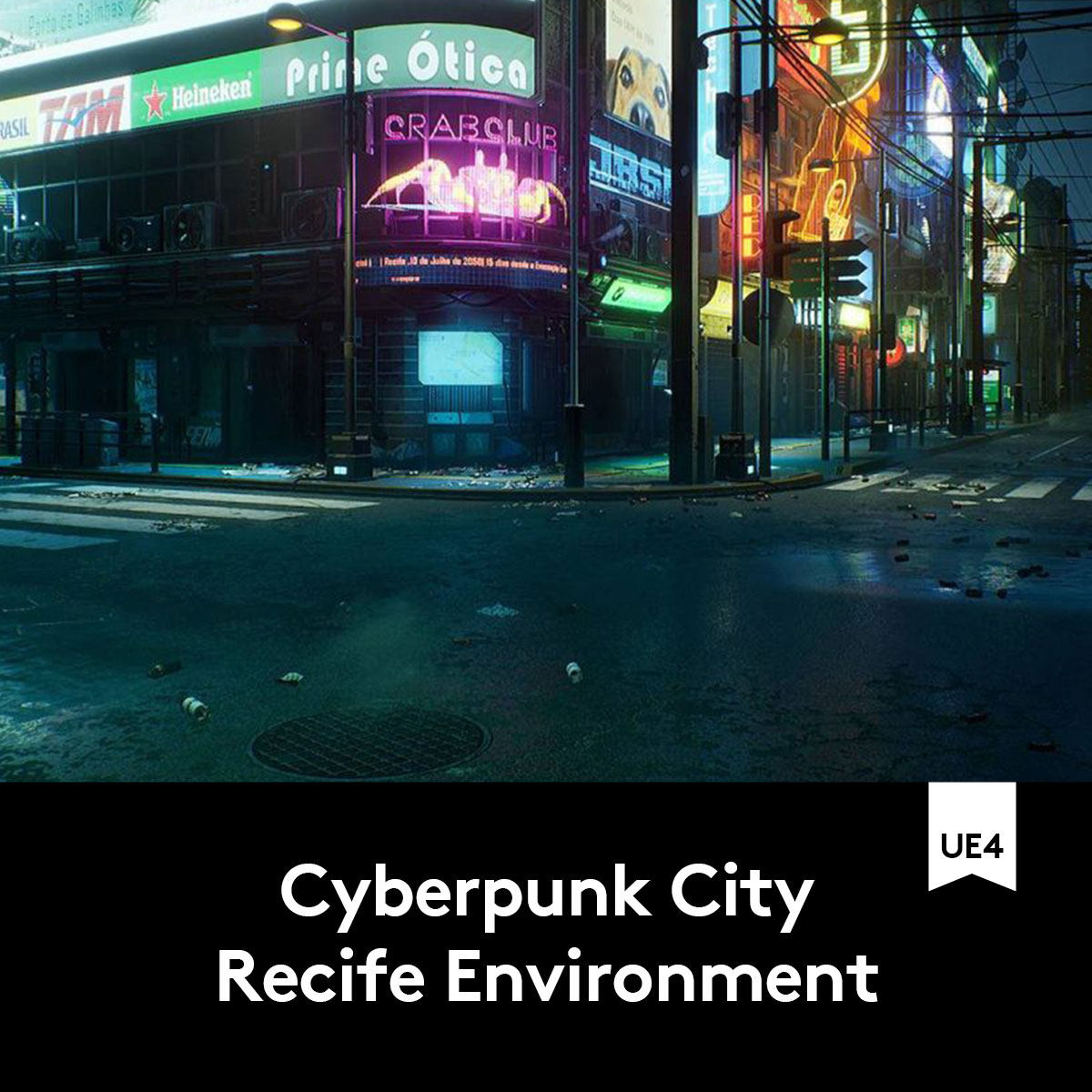 虚拟游戏引擎赛博朋克霓虹城市街区场景模型ue4素材3d2021052001