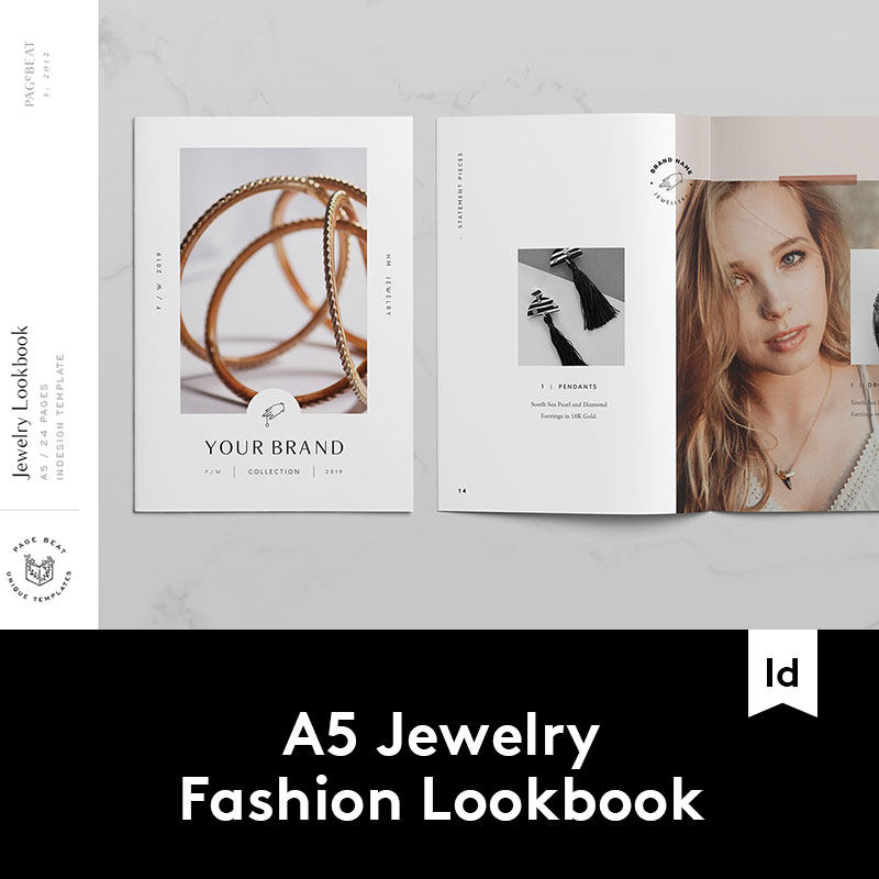 A5时尚女性首饰珠宝服装化妆品INDD画册模板图文排版ID设计素材