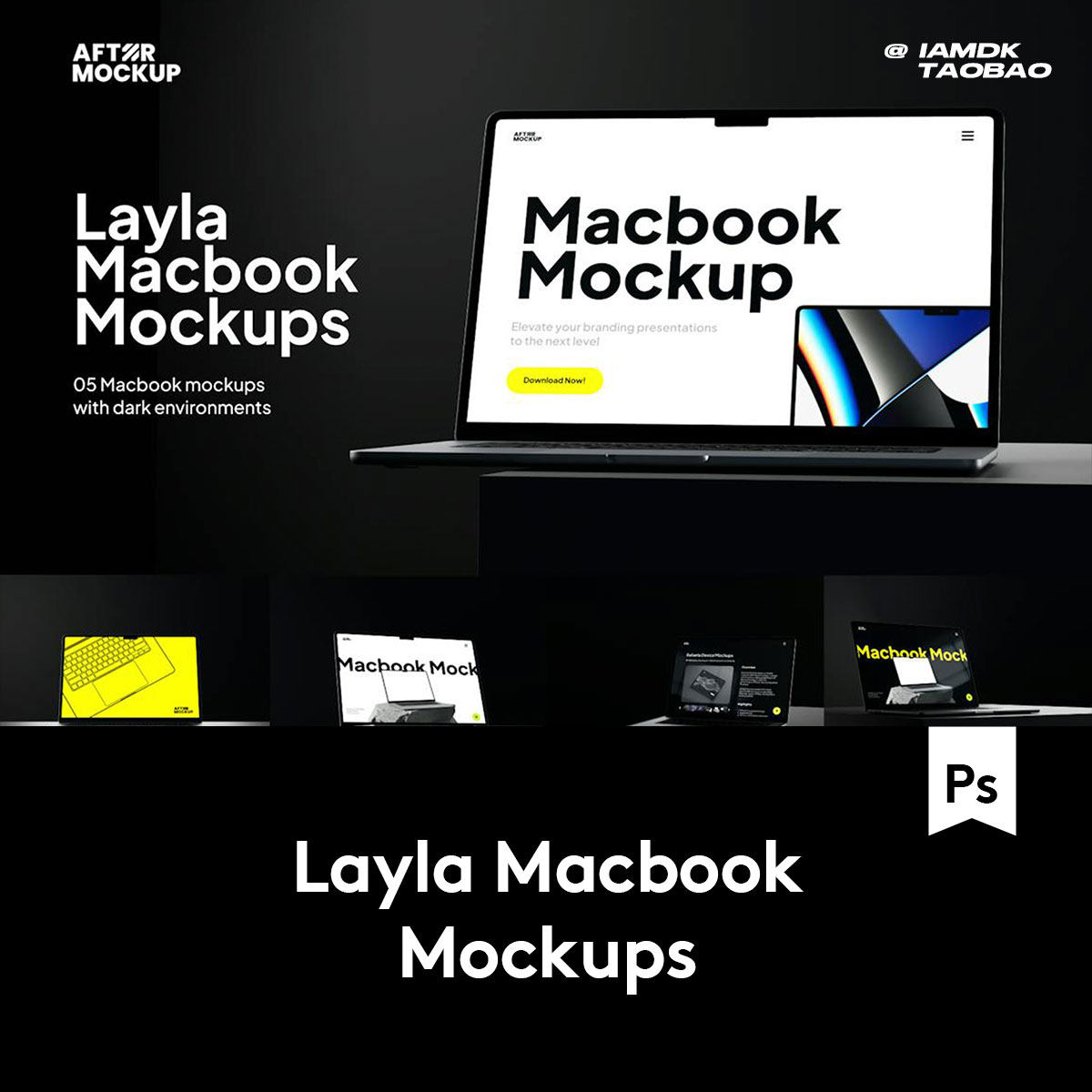 5款工业风暗黑MacBook笔记本电脑屏幕演示贴图效果图PSD样机模板