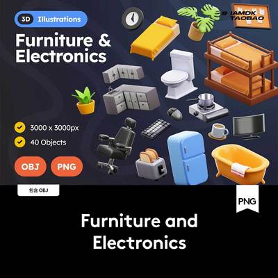40款创意家具家用电器3D插图UI界面图标Icons设计OBJ/PNG格式素材