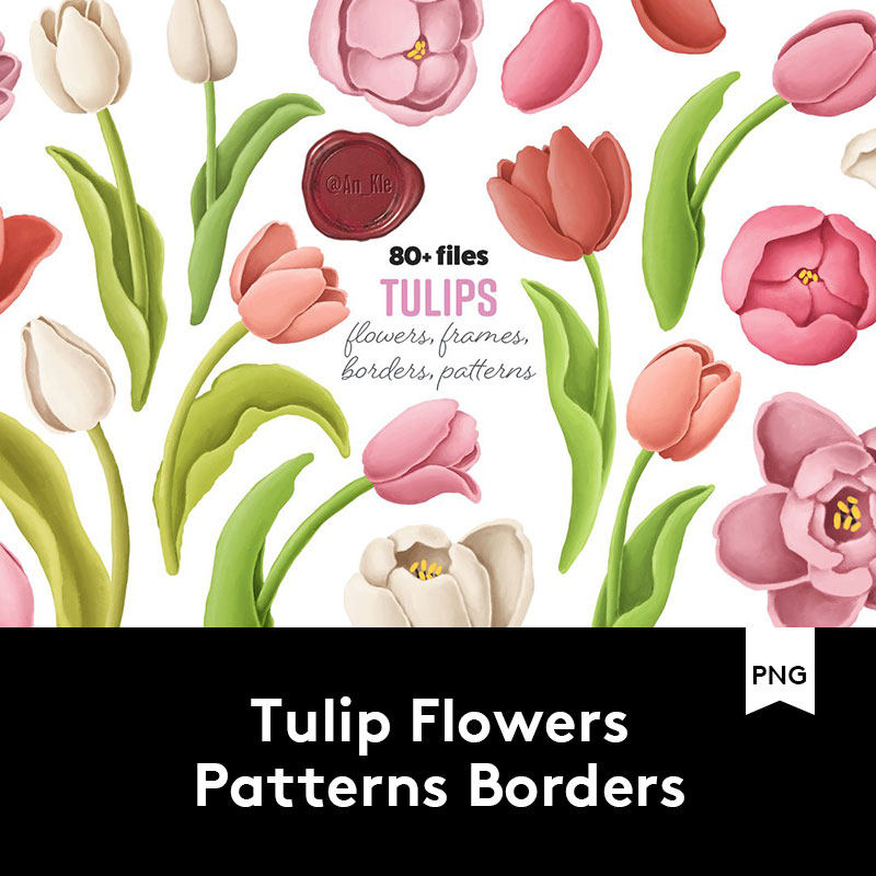 郁金香花卉手绘水彩剪贴画PNG平面设计素材集合 PM202002162