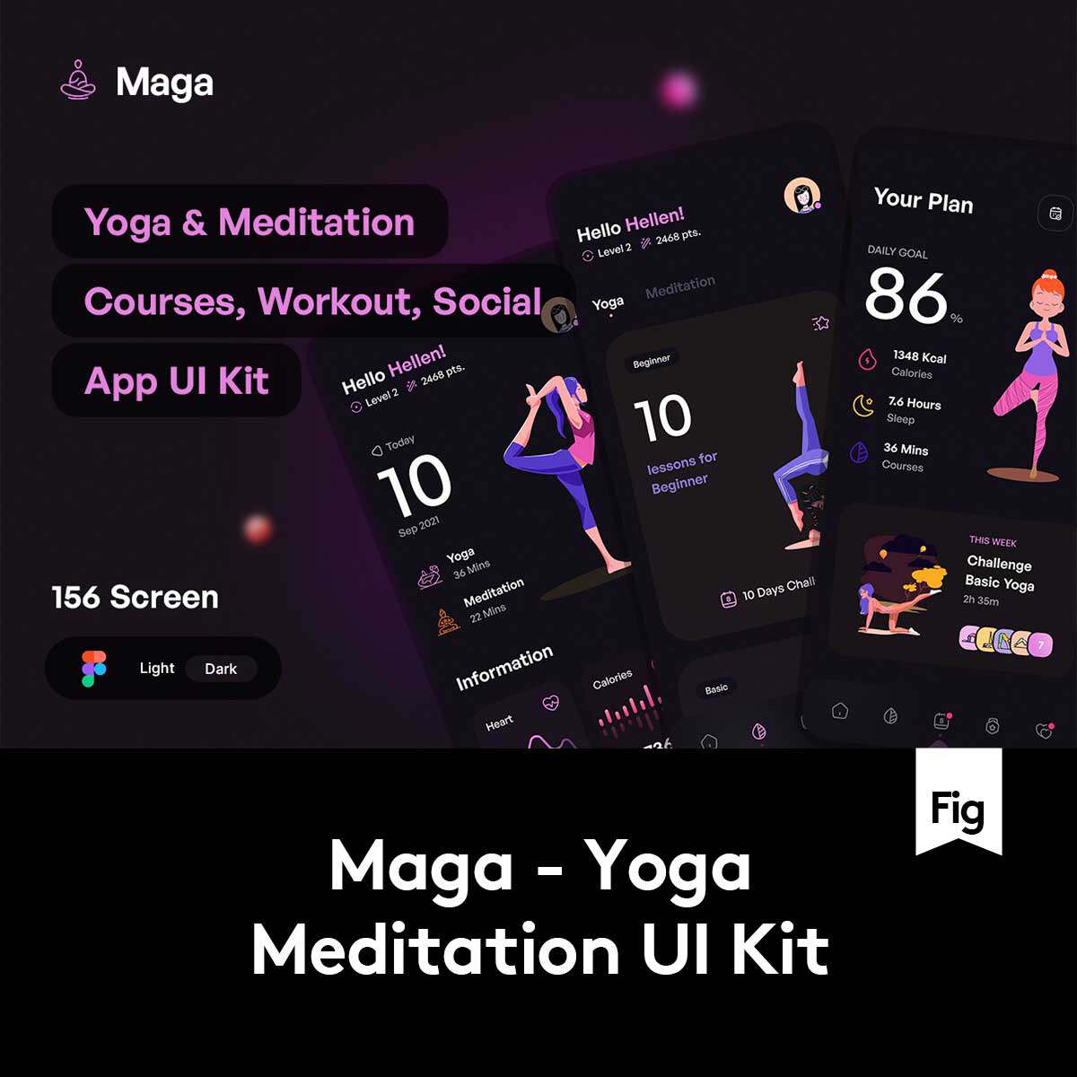 156屏双配色瑜伽冥想锻炼课程健康跟踪APP UI界面设计Figma模板