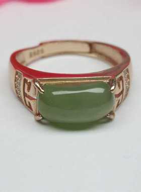 新款玫瑰银镶嵌天然玉石和田碧玉7*9mm戒指苹果绿高贵洋气活扣