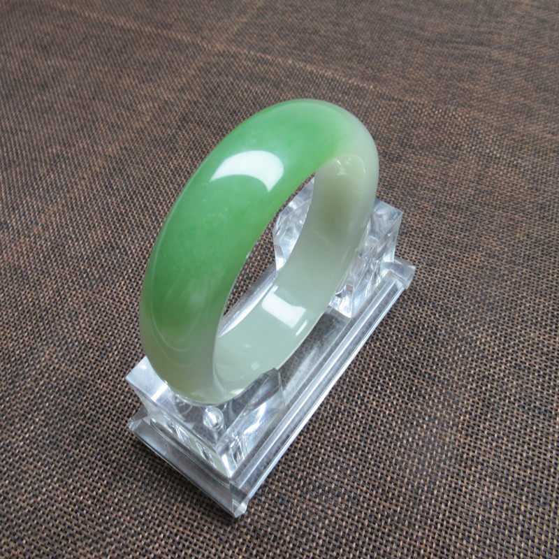 天然和田玉青海翠青镯子 翠白分明平安玉石美镯带鉴定证