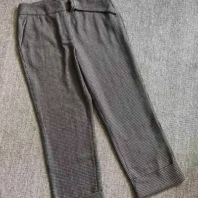 高腰千鸟格挽边羊毛直筒九分裤