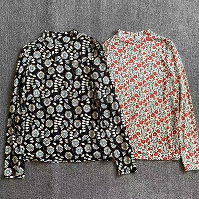 碎花半高领长袖打底T恤女