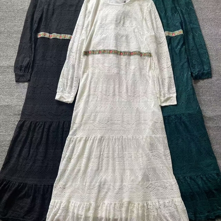 出口英国单外贸气质蕾丝高腰长袖连衣裙女春秋加长拖地礼服裙子